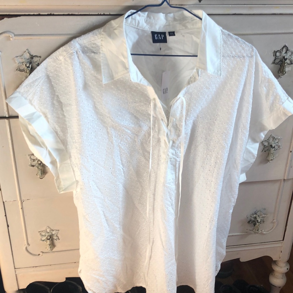 Gap cotton collared eyelet shirt with lace tie up, cuffed sleeves XXL